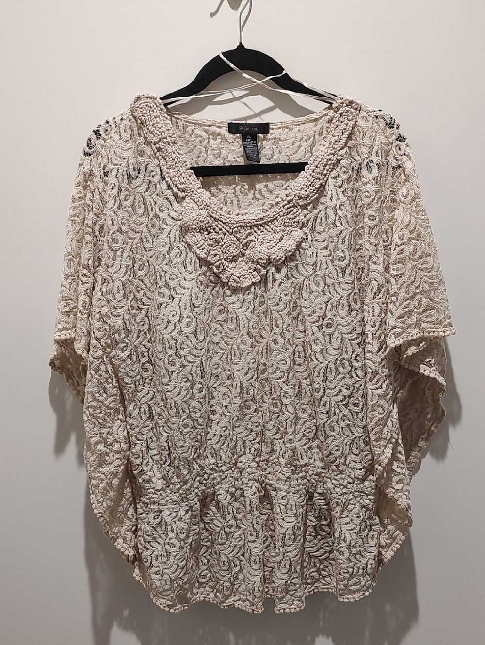Cream Crochet Lace Peplum Poncho  Blouse Festival Batwing Boho VTG